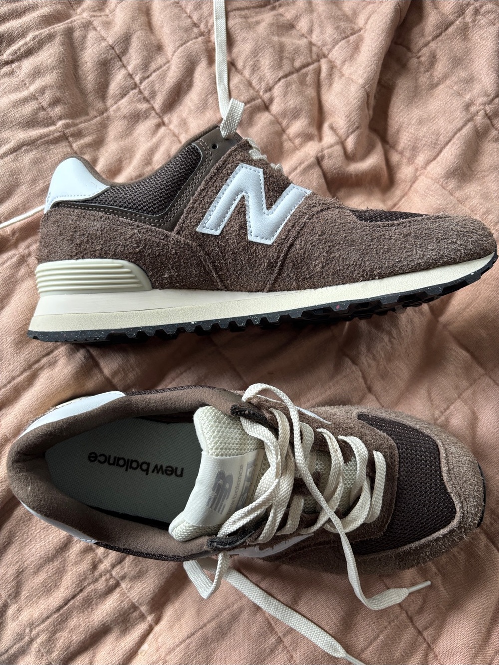 New Balance Brown and White 574 Suede Sneaker dark mushroom